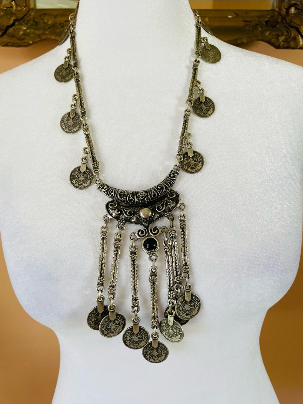 Vintage Silver Pewter Coin Chain Fringed  5” Drop Intricate Statement Necklace